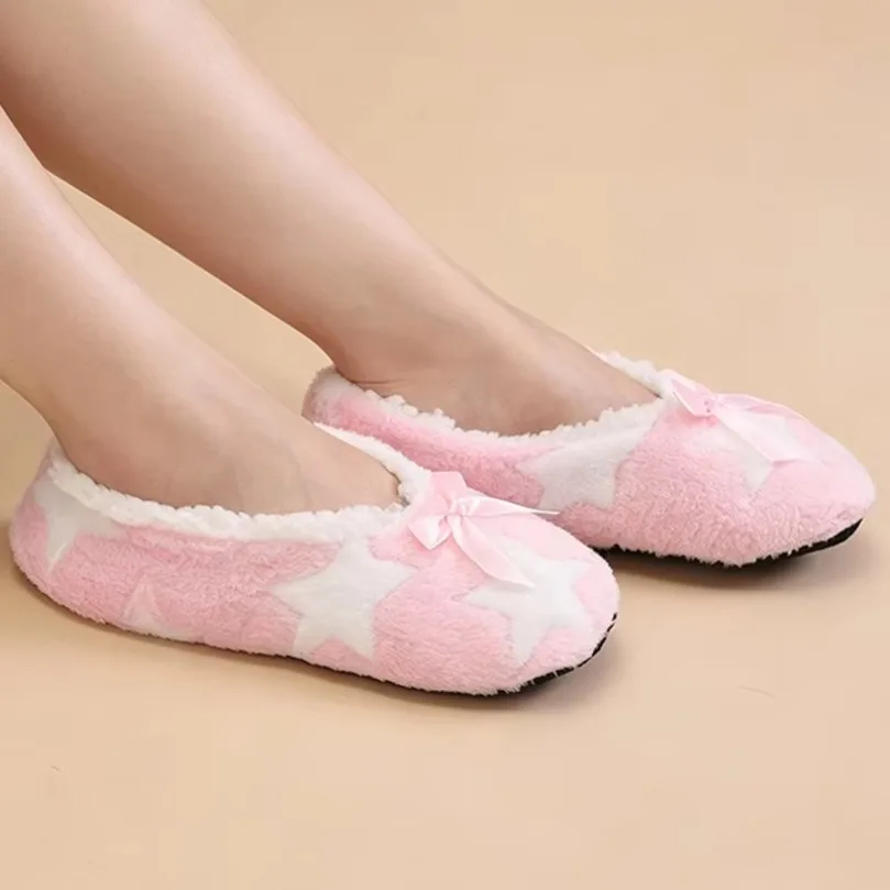 House Fluffy Slipper Women Winter Plush Grip Soft Cute Funny Indoor Star pentagram Home Shoes Female hairy warm Fuzzy Bow Knot