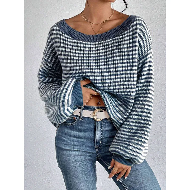 New arrivals for autumn and winter: Women's tops. One-shoulder striped off-the-shoulder knitwear. Drop shoulder sleeves. Lazy an