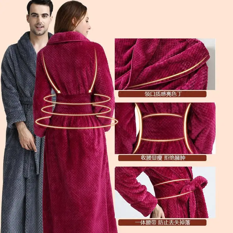 Men Flannel Kimono Robe Gown Lapel Long Sleeve Sleepwear Loungewear Coral Fleece Winter Bathrobe Nightgown Warm Sleepdress