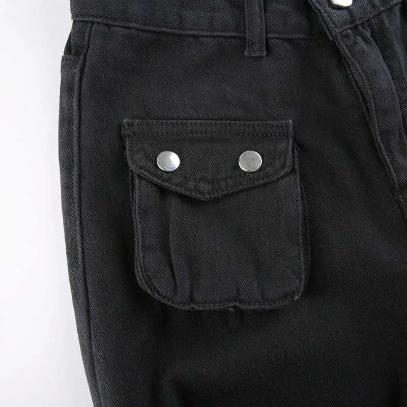 Y2K Metal Button High Waisted Straight Leg Jeans Drop Crotch Print Streetwear Pants Hip Hop Cargo Denim Trousers for Women