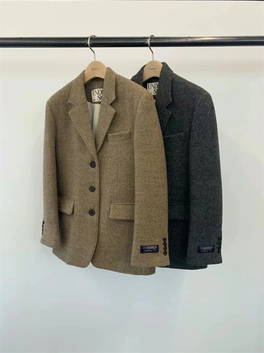 

PREON Autumn Winter 80% Wool Herringbone Tweed Suit Jaet Women's Busin Casual Long Sve Single Button Pure Color