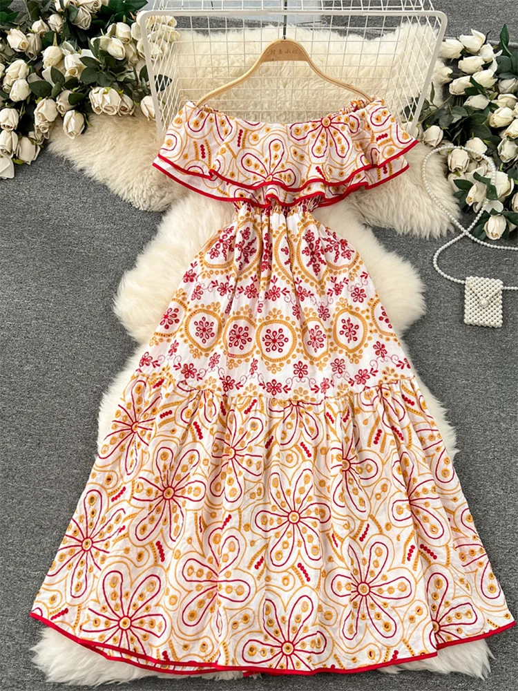 

New In Dresses 2024 Women Summer Clothes Vintage Cutwork Embroidery Long Dress Ruffle Sexy Off Shoulder Vacation Beach Dress