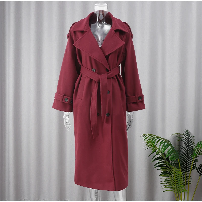 Women Retro Burgundy Lace Up Overcoat Chic Lapel Double Breasted Slim   Long Woollen Coat Autumn 2024 New Lady Elegant Outerwear