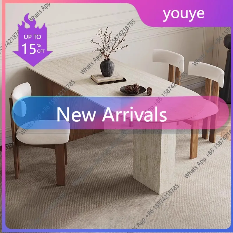 

C Medieval French Retro Solid Wood Dining Table Travertine Rock Slab Small Apartment Designer Creative Semi-oval Island Dining T