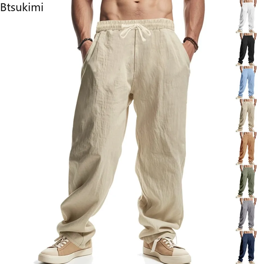 

2026 New Men Cotton Linen Breathable Straight Leg Pants Hawaiian Style Lightweight Beach Comfortable Trousers Casual Sweatpants