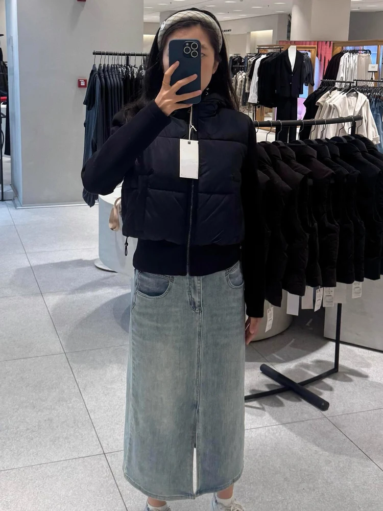 New Autumn Winter Bla Casual Patchwork Cotton Jaet Women's Hooded Coat Warmth Outerwear Korean Sle Straight Cut Long Sl...