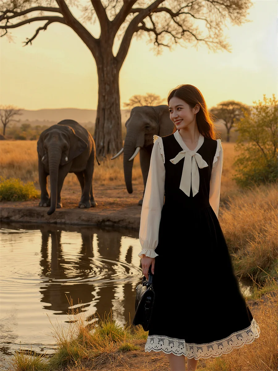 Vestido feminino preto regular ajuste estilo preppy outono primavera em camadas vestidos de verão rosa trabalho elegante frisado dupla face halterneck