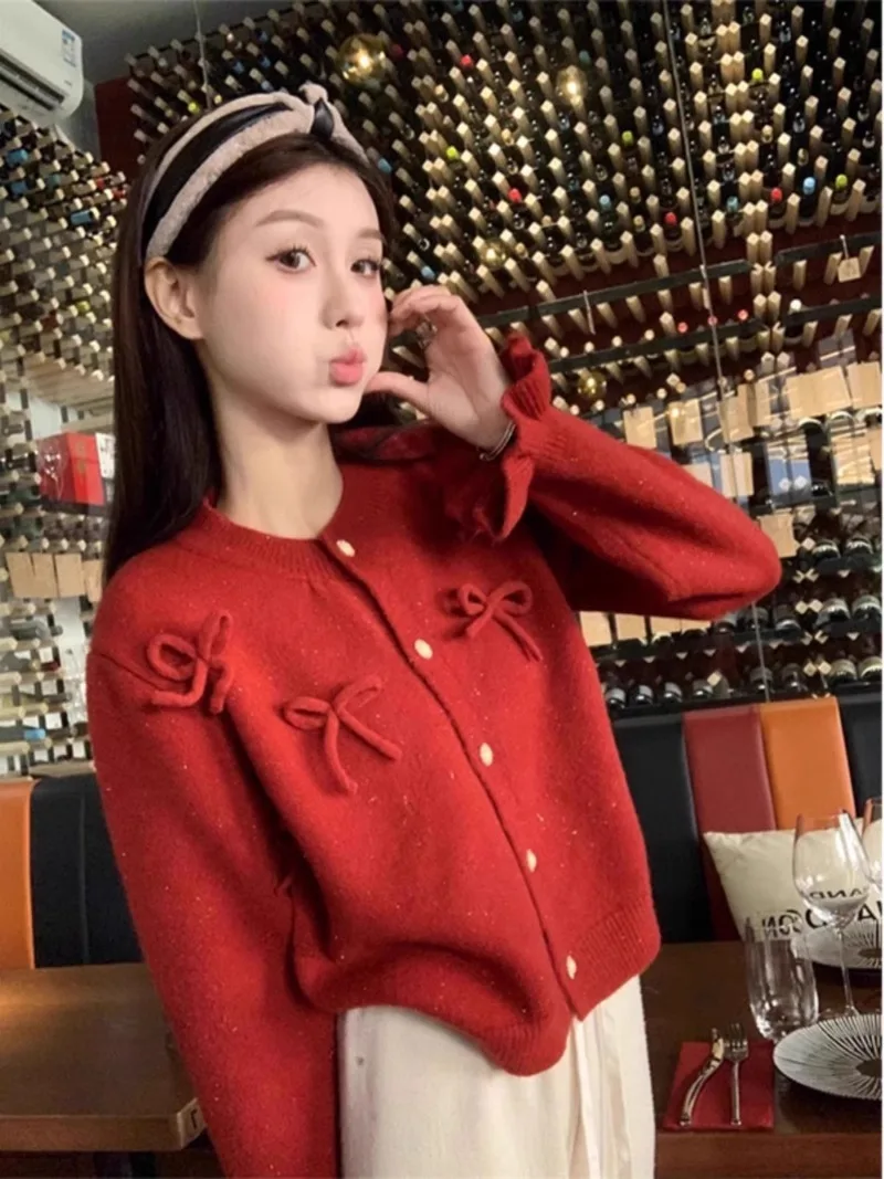 Cardigan Women Temper Ins Bow Design Autumn Winter Long Sleeve Casual Single Breasted O-neck Stylish Sweaters Solid Classy Cozy