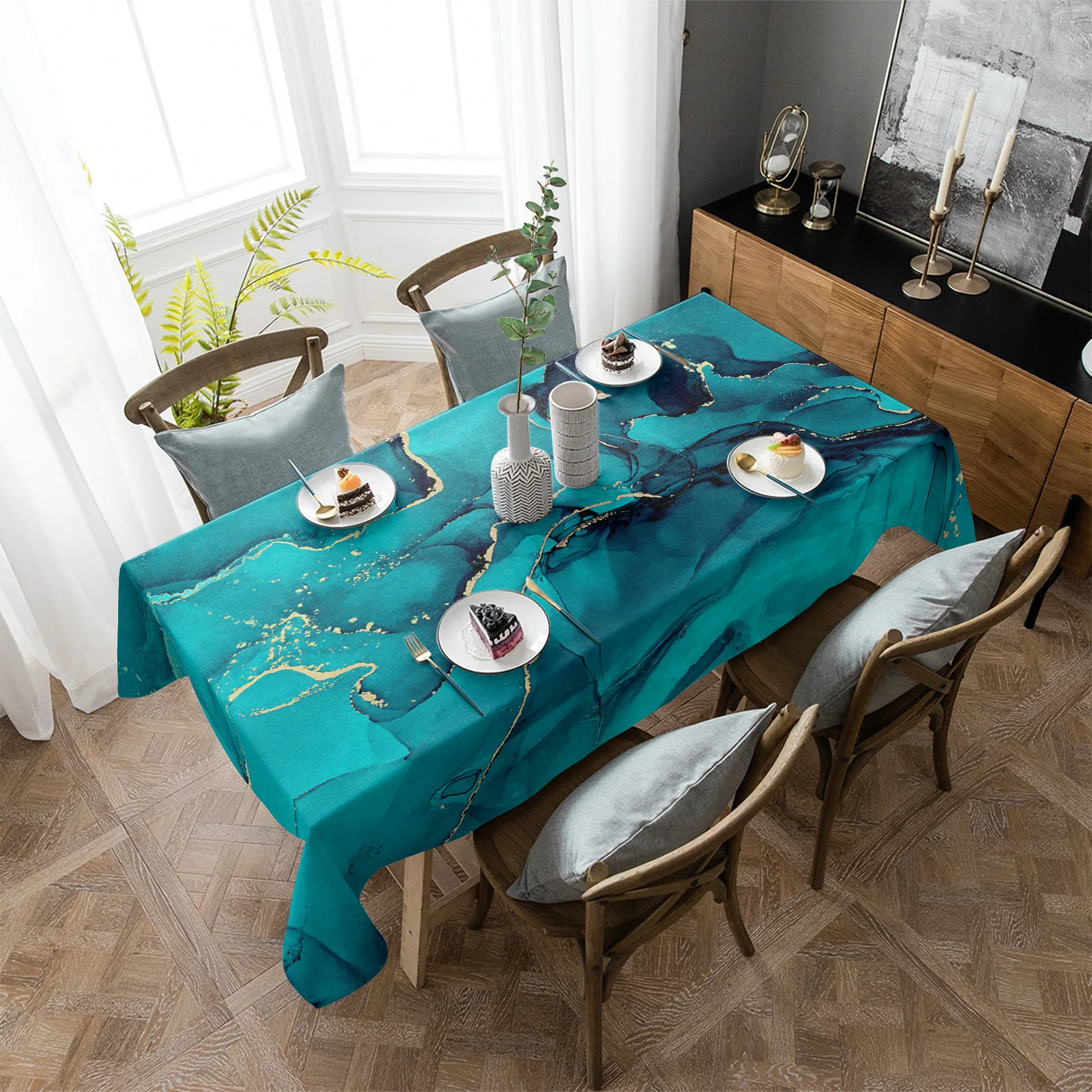 

Aqua Marble Lines Waterproof Tablecloth Party Decorations Supplies Rectangle Table Cloth for Kitchen Table Decor