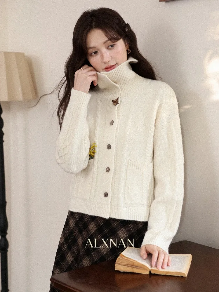 

ALXNAN Womens Knit Cardigan Collared Neck with Wooden Flower Buttons Sweater Casual Loose-fit Elegant Long Sleeve Tops L59117