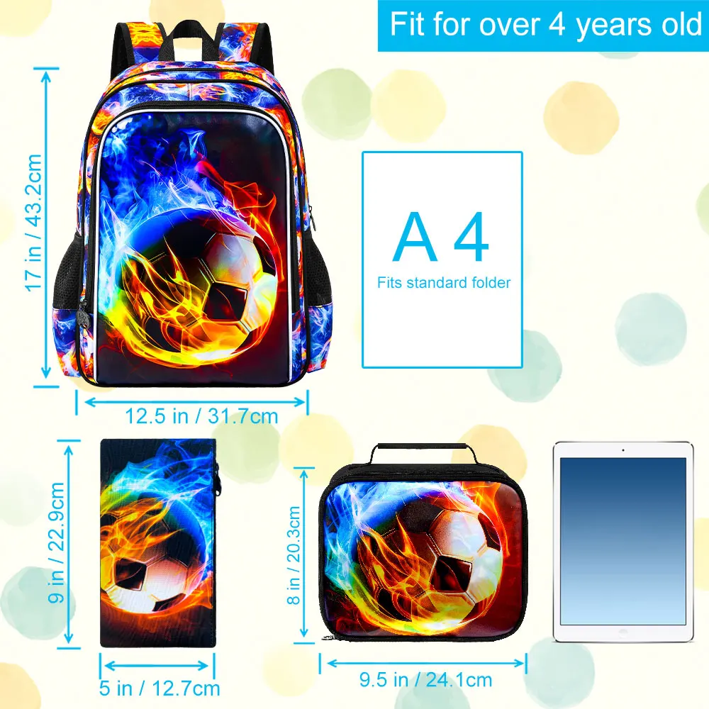 17 Inch School Bag College Bookbag with Lunch Bag Set, Soccer pattern Backpacks for Teens Boys