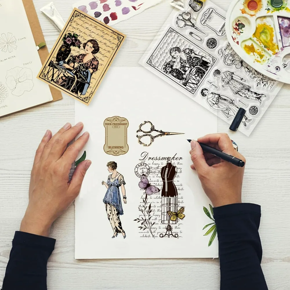 1pc Vintage tło do szycia wyczyść znaczki dla DIY Scrapbooking elegancka dama manekin silikonowe przezroczyste pieczęcie do dzienników — zdjęcie 3