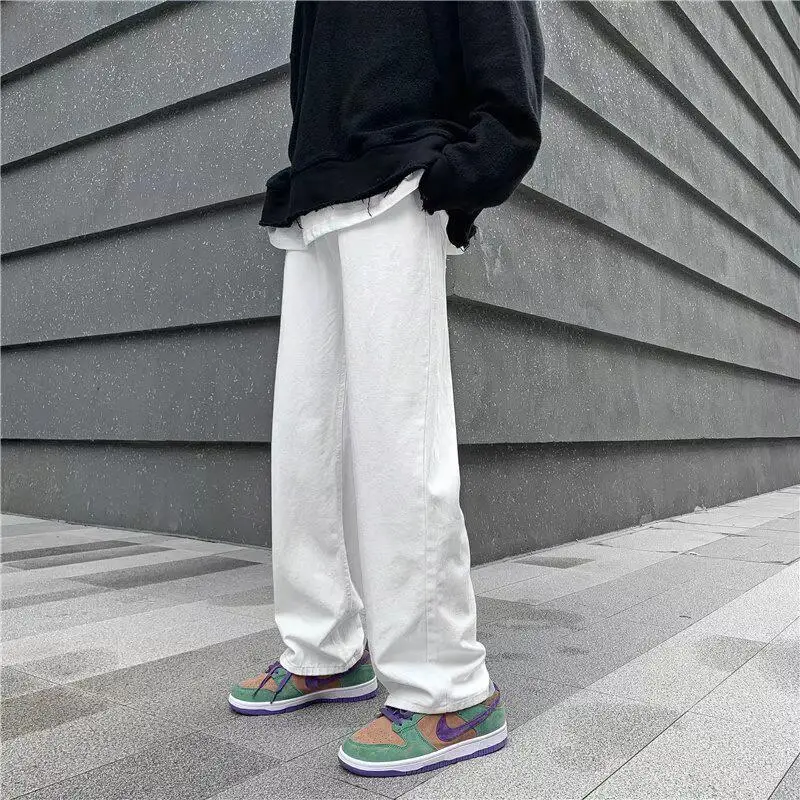 

White Casual Wide Leg Jeans Men's High Street Trend Loose Straight Drapey Long Pants Simple Versatile Straight Footwear