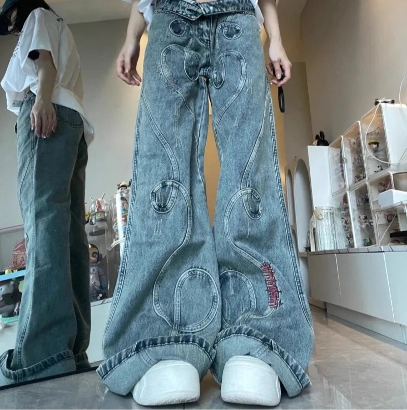 

Женские потертые джинсы Micro-La с вышивкой American High Street Heavy Industry Y2K, новый винтажный дизайн, маленькие брюки Tide