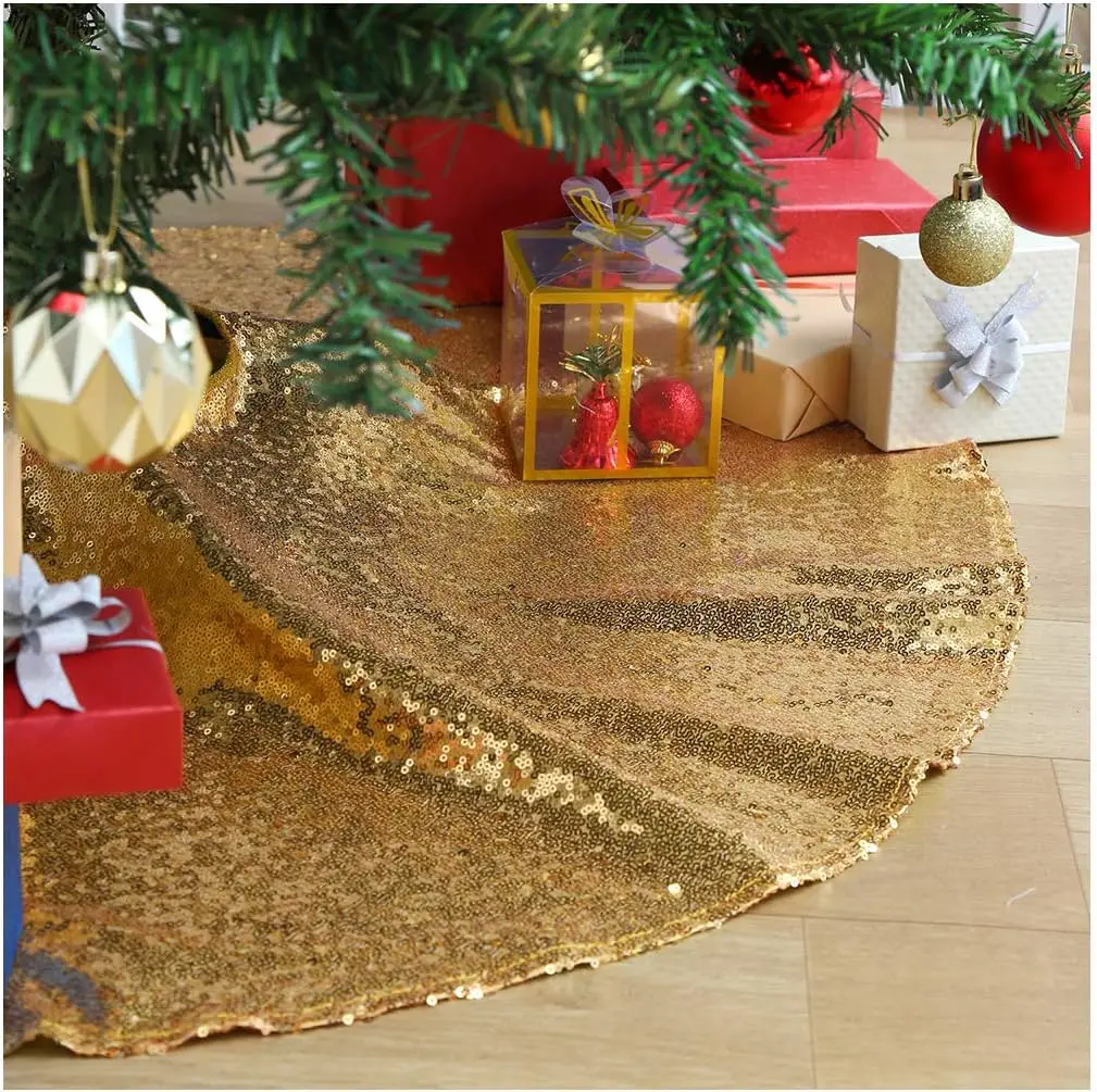 Gold Christmas Tree Skirt 8 Pieces 48 Inches Small Glitter Tree Skirts Sequin Tree Mats for Xmas New Year Party 4 Foot Trees Ind