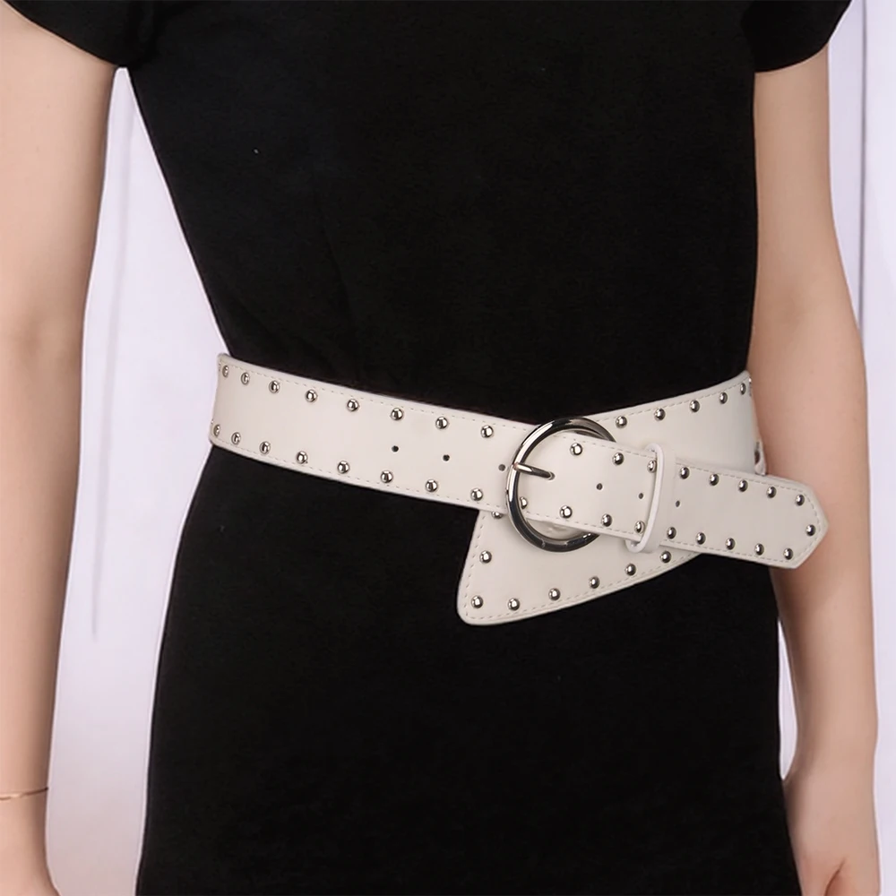 

Ladies' white Pu Silver Stud heavy metal rock performance Pin buckle belts For Women waistband Wist decoration On dress shirt