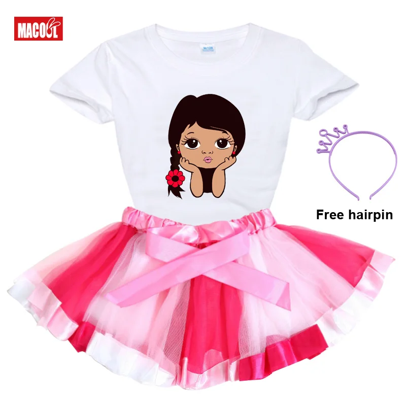 Girls Tutu Dress Kids Sequined Princess Dress Black African Curly Hair Girl Long Sleeve T-shirt+Skirt+Hairpin Christmas Dress