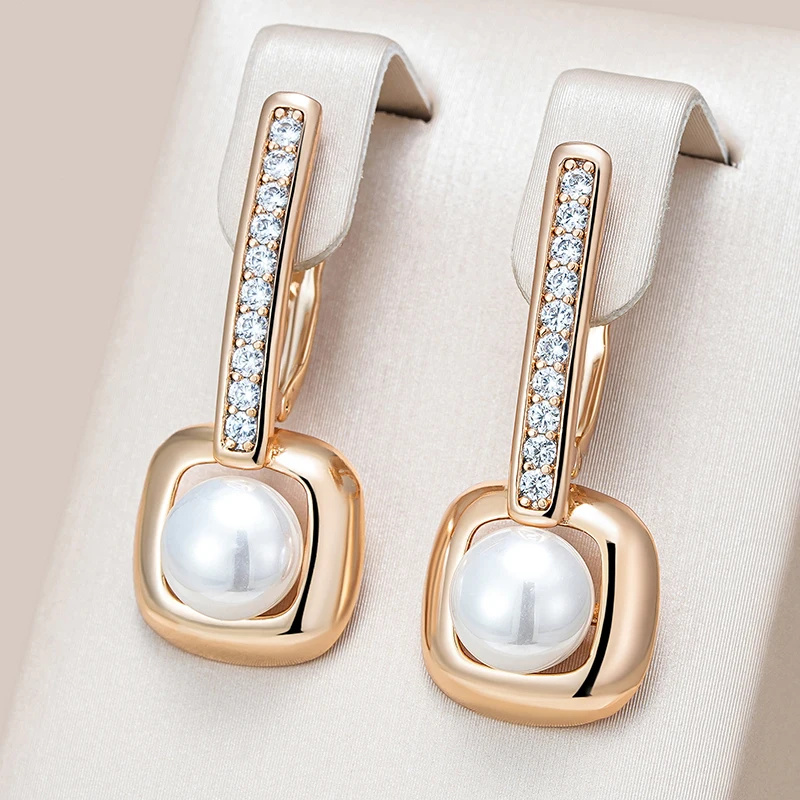 Wbmqda Fashion Elegant Pearl Long Drop Earrings For Women 585 Rose Gold Color With White Natural Zircon Daily Match Fine Jewelry