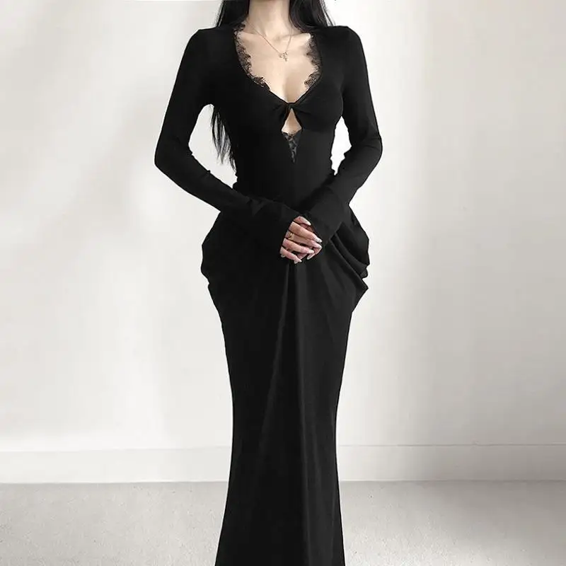 Abito da sirena aderente nero con scollo a V vintage con pannelli in pizzo Abito da festa increspato slim fit europeo americano Abito da abbigliamento alla moda