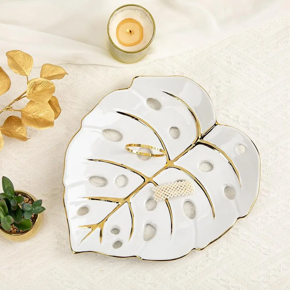 

Free Shipping - Ceramic Leaf Shaped Decorative Tray, White Gold Monstera Leaf Plate 12.6\x11\ for Jewelry, Keys, Snack, Candle H