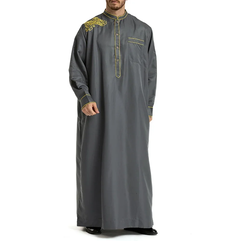 Men's Muslim Middle East Islamic Arab Islamic Ethnic Clothing Vintage Loose Embroidered Long Sleeve Pocket Length Muslim Robe