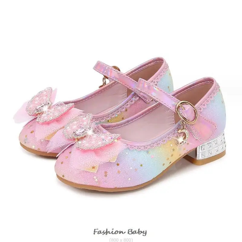 Leather Shoes Princess Shoes Children Shoes Round-Toe Soft-Sole Big Girls High Heel Princess Crystal Party Shoes Single Shoes