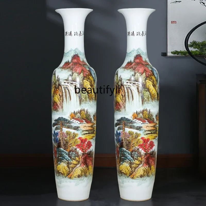 Jingdezhen Ceramic Floor Vase Hand Painted Pastel Living Room Decorations Porcelain Bottle plus Size Ornaments