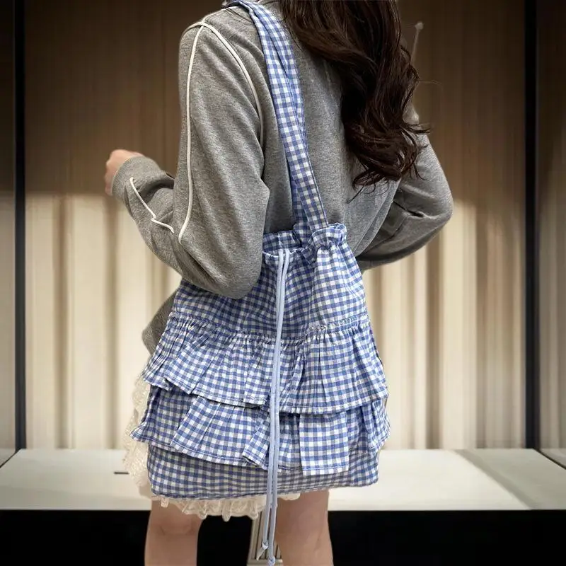 

Sweet Plaid Cotton Ruffle Handbag; Large Volume Shoulder Bag Perfect for Commuting; Stylish Women's Tote Makes Great Gift