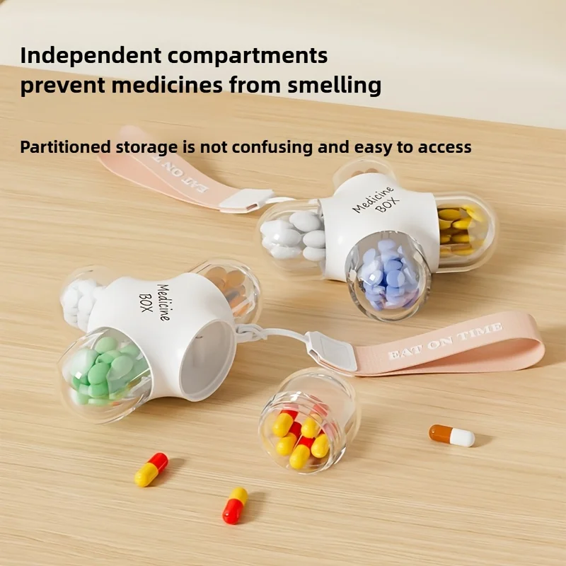 1pc Medicine Box Waterproof Portable Four Independent Sealing Compartments Pill Organizer Hanging Rope Tablets Storage Contanier