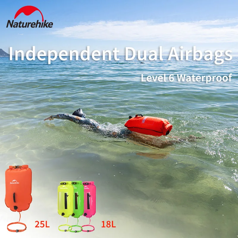Naturehike 18L 25L Waterproof Bag Inflatable Swimming Bag Double Balloon Swim Buoy Dry Bag Trekking Beach Storage Bag Waterproof