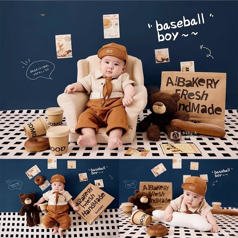 Baby Photography Props Coffee Shop Set Baby Boy Outfit Hat with Bun Cards Backdrop Decors for Studio Photoshoot Photo Props