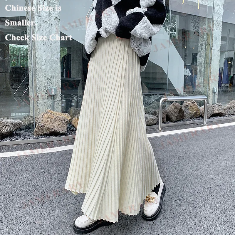 

Autumn Winter Thick Knitted Midi Skirt For Women Autumn Winter,Plus Size A-Line Skirts Korean Vertical Striped Pleated Knitwear