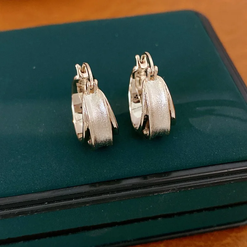 Double Layer Frosted Wide C Shape Huggie Earrings for Women, Simple Plain Metal Hoop Daily Luxury Jewelry Gift