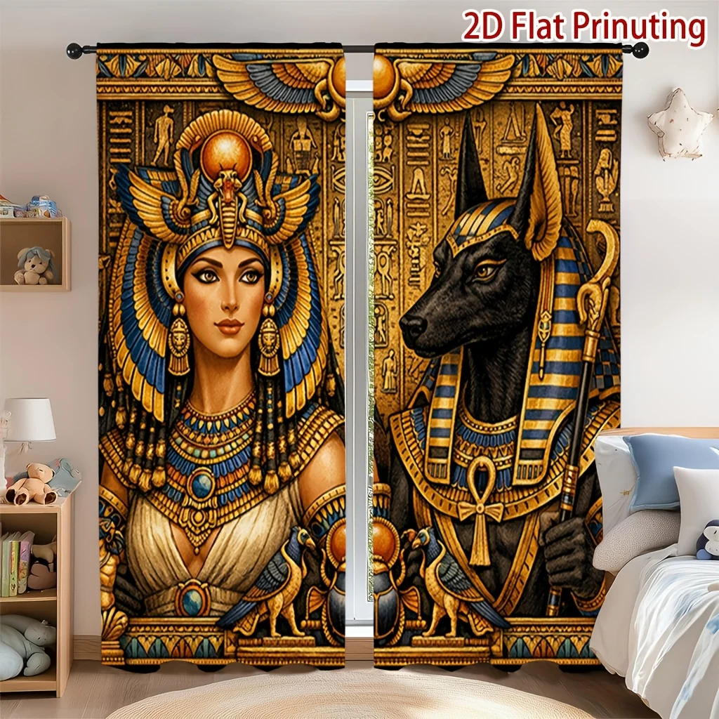 2pcs Egyptian Queen Anubis God Curtains Gold Blue Hieroglyphs Ancient Mythology Living Room Bedroom Home Decor Window Drapes