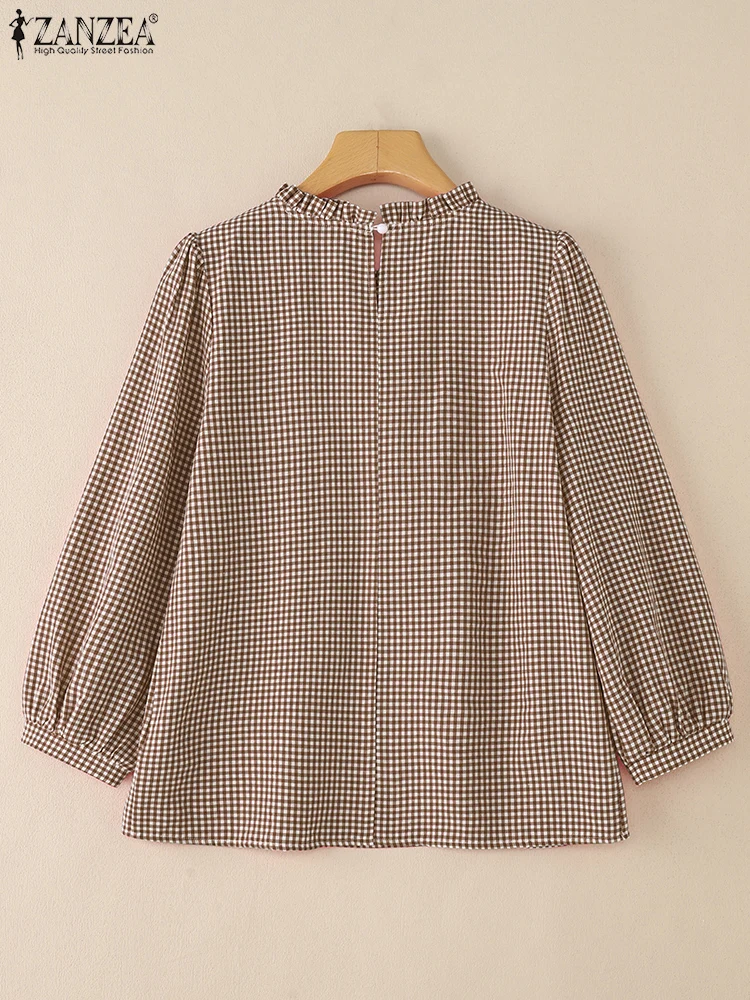 2025ZANZEA Herbst Plaid Überprüft Bluse Frauen O Hals Langarm Tops Beiläufige Lose Hemd Mujer Weibliche OL Arbeit Blusas Oversize
