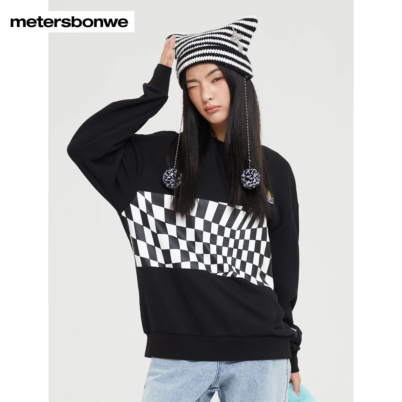 Metersbonwe-Women's Fashion Checkerboard Printing Fleece Hoodie Trend Color Contrast Design Round-Neck Pullover  Winter