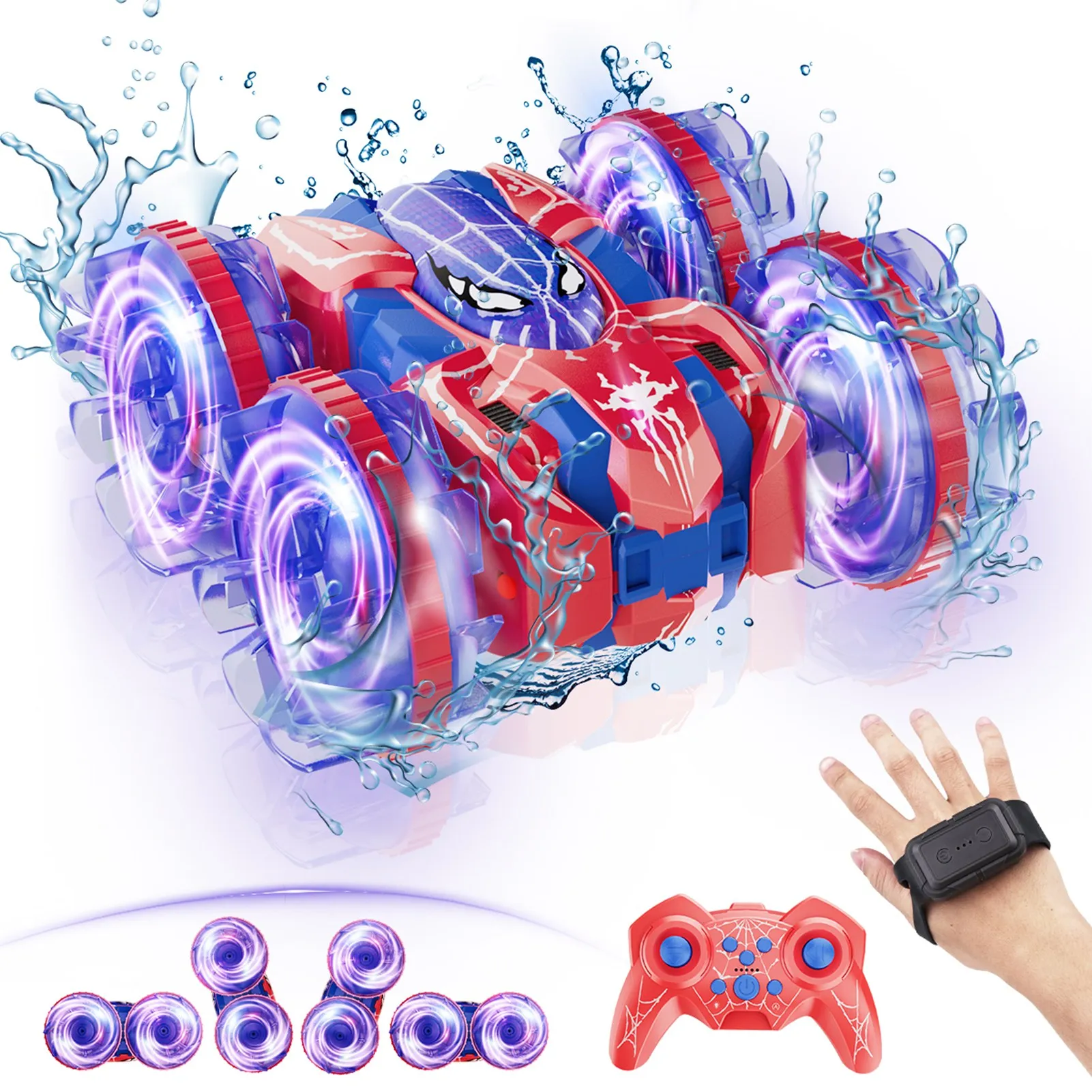 Gestenerkennungs-RC-Stunt-Auto, 360 Grad drehbar, amphibische Handgeste, ferngesteuertes Auto mit Lichtern für Kinder und Jungen, Rot