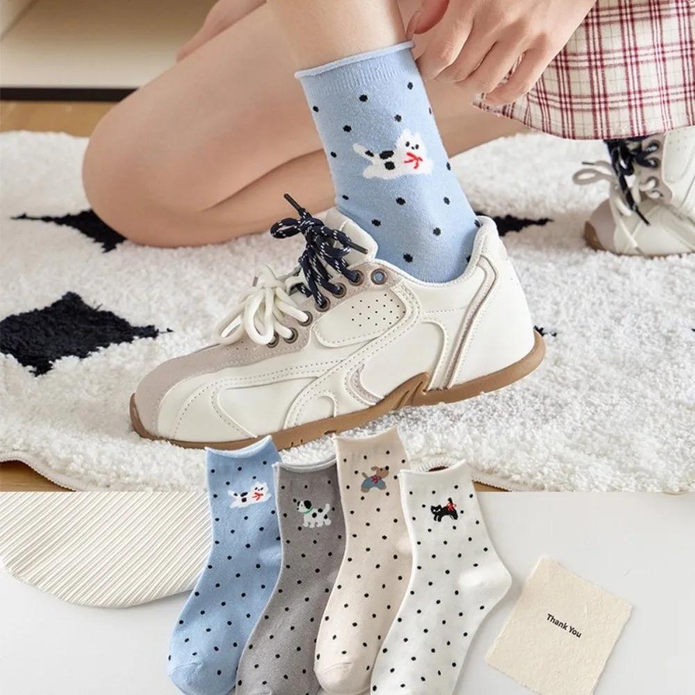 1 Pair Kawaii Cotton Women Socks Japanese Style Cartoon Dog Cat Printed Polka Dot Socks Rolled Edge Soft Middle Tube Socks