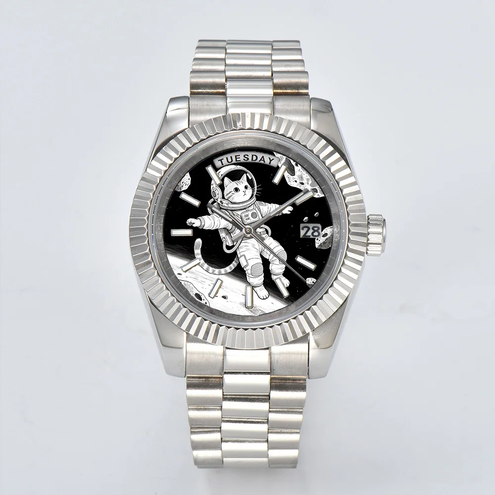 Креативные мужские часы 40 мм/36 мм, часы Miyota 8285, синие светящиеся автоматические механические часы с цветным принтом, котенок, щенок, космонавт