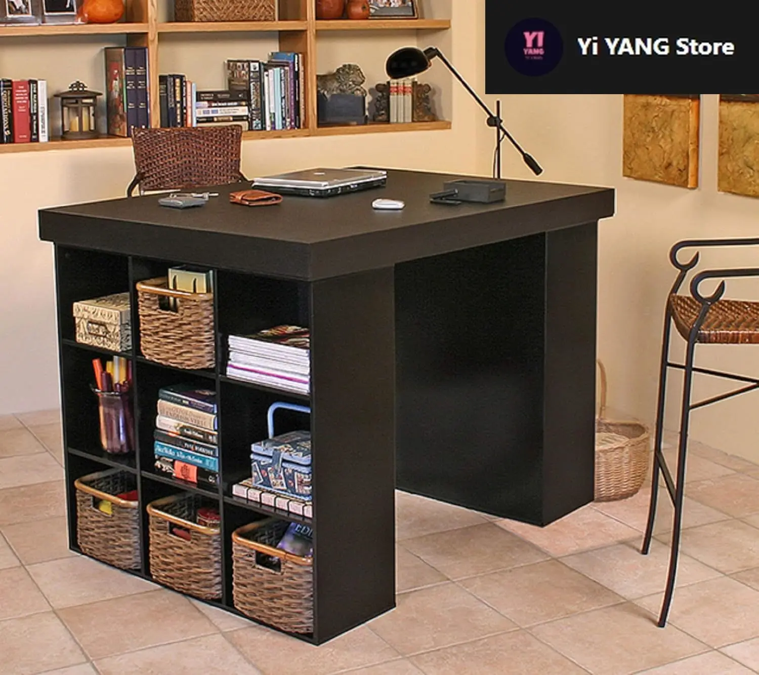 

Venture Horizon Project Center Desk with Two 9-Cubby Bookcase Sides (Black)