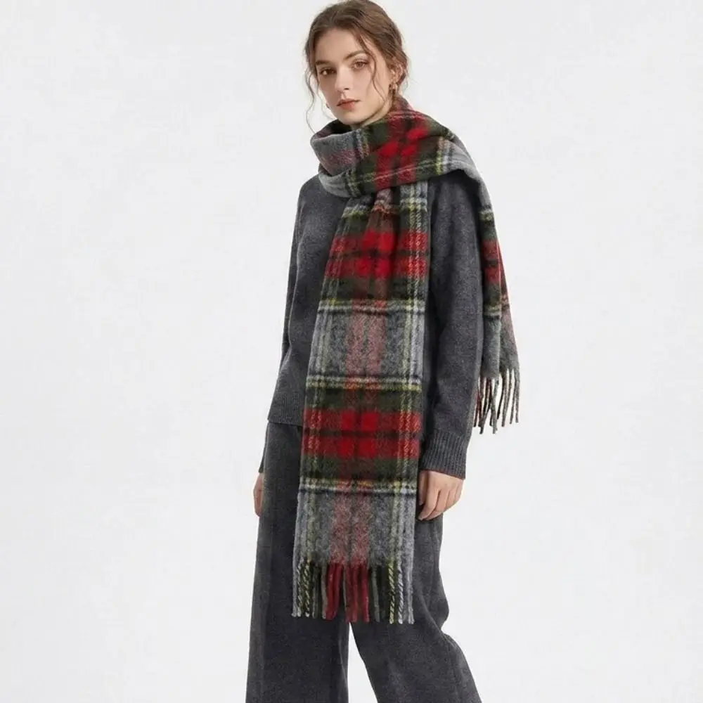 Simple Long Plaid Scarf Plush Retro Winter Cashmere Scarves Preppy Imitation Cashmere Tassel Shawl Autumn Winter