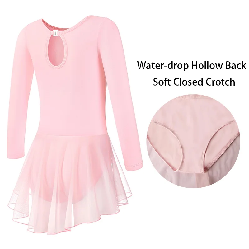 Collant de balé para meninas, vestido de dança de ginástica com contorno e botão dobrável, gota de água, costas vazadas e saia de malha