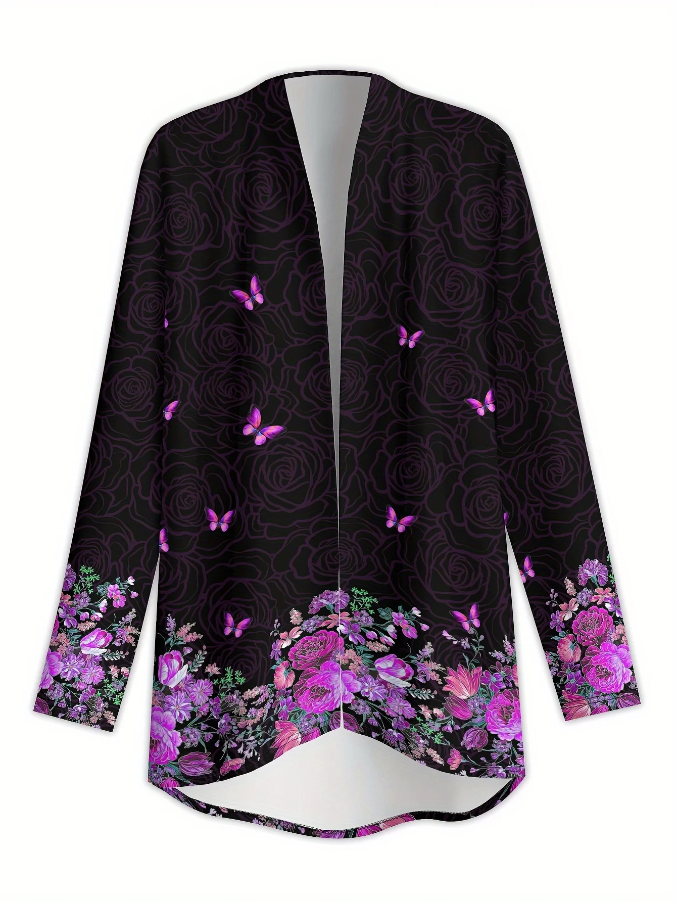 2025 Women's Floral Butterfly Printed Long Sleeve Cardigan, Polyester Open Front, Lightweight Cover Up, Spring Fall Casual Coat