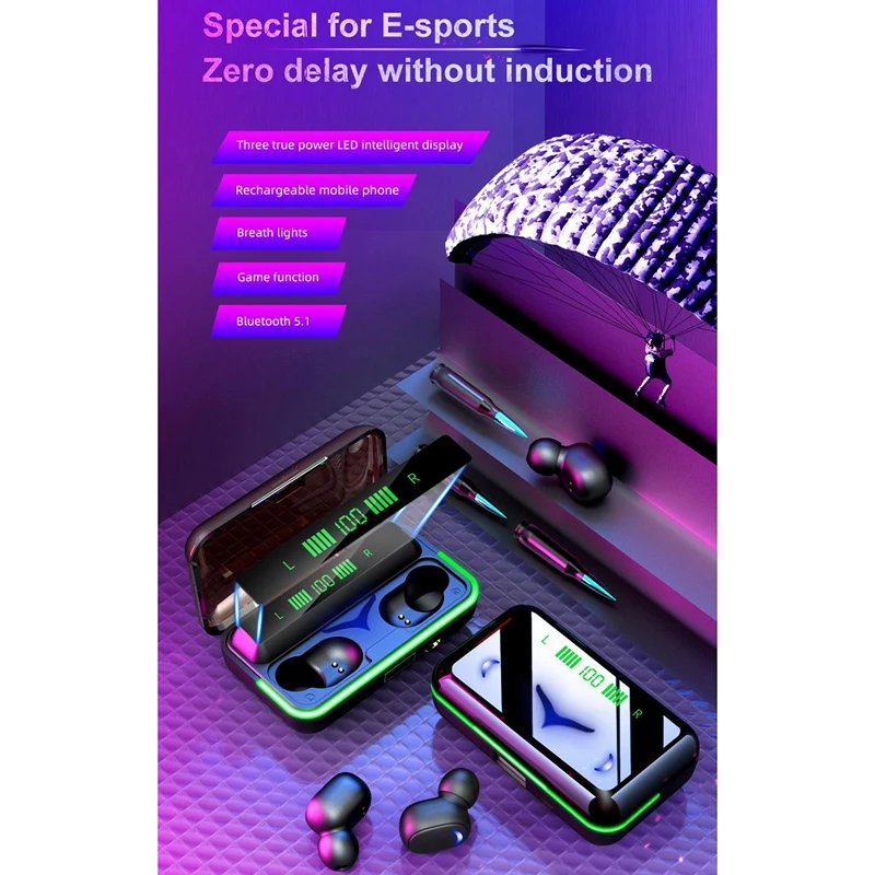 หูฟังบลูทูธไร้สาย TWS 5.1 ชุดหูฟังสําหรับเล่นเกมเวลาแฝงต่ําชุดหูฟังสําหรับเล่นเกมชนิดใส่ในหูแสงโดยรอบ