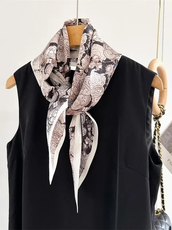 エレガントな両面シルクサテンスカーフ、ロング丈、女性用、春・秋・冬ファッションアクセサリー、馬具装飾スカーフ