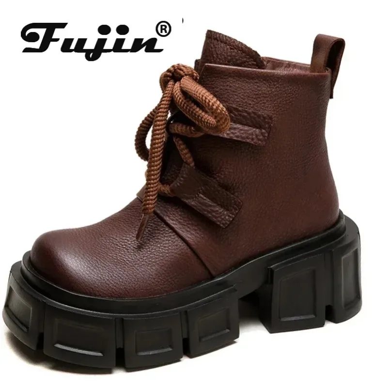 Fujin 7 ซม.รถจักรยานยนต์ฤดูใบไม้ผลิรองเท้า Chimney แฟชั่นแพลตฟอร์ม WEDGE รองเท้าผู้หญิงวัวแท้หนังรองเท้าแตะข้อเท้า Booties ฤดูใบไม้ร่วง