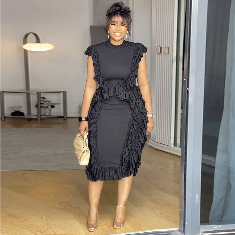 

Black Women Prom Dress Sexy Sleeveless Ruffles Flounce Ankle Length Midi Sheath Party Gown Formal Red Carpet Robe Skirt