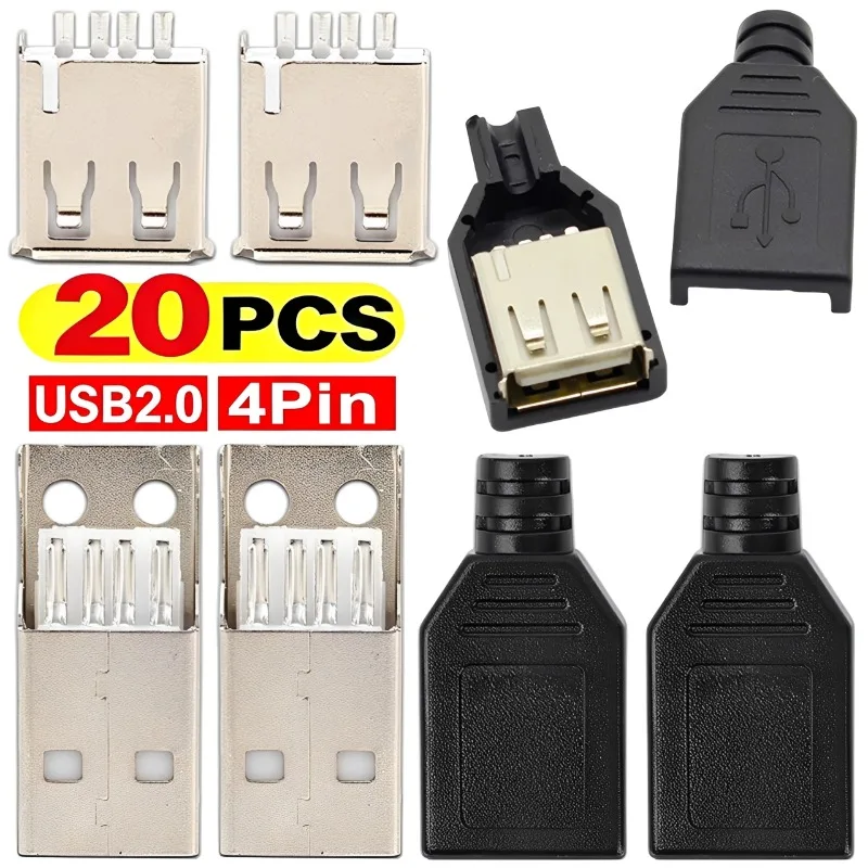 20Pcs/Set Type A Male/ Female USB 4 Pin Plug Socket Connector with Black Plastic Cover Adapter Connect USB 2.0 DIY Kits