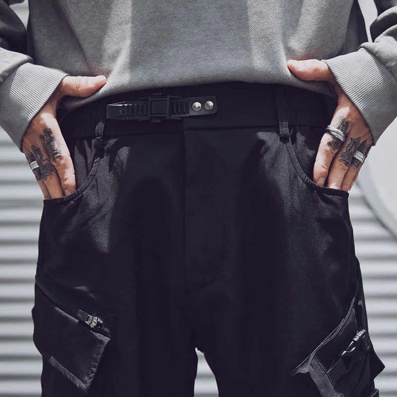 2024 Tactical Pants Men Fashion Multi Pocket Functional Trousers Elastic Waist Hip Hop Streetwear Pants Black