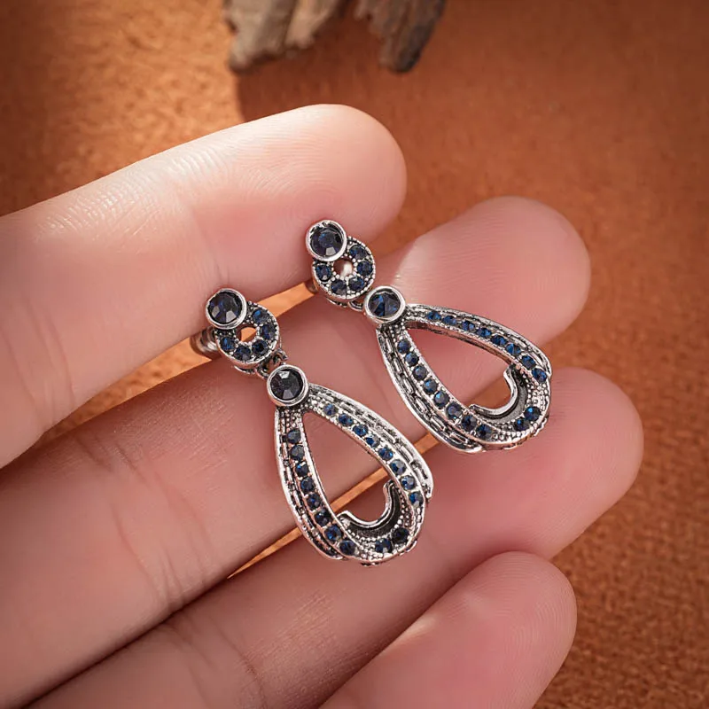 Vintage Antique Silver Color Blue Zircon Stone Dangle Drop Earring Women Retro Party Ethnic Style Accessories Female Earrings